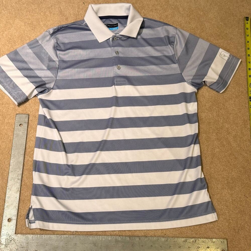 PGA TOUR Men’s Polo Shirt Size Medium Blue White Striped Short Sleeve Golf Top